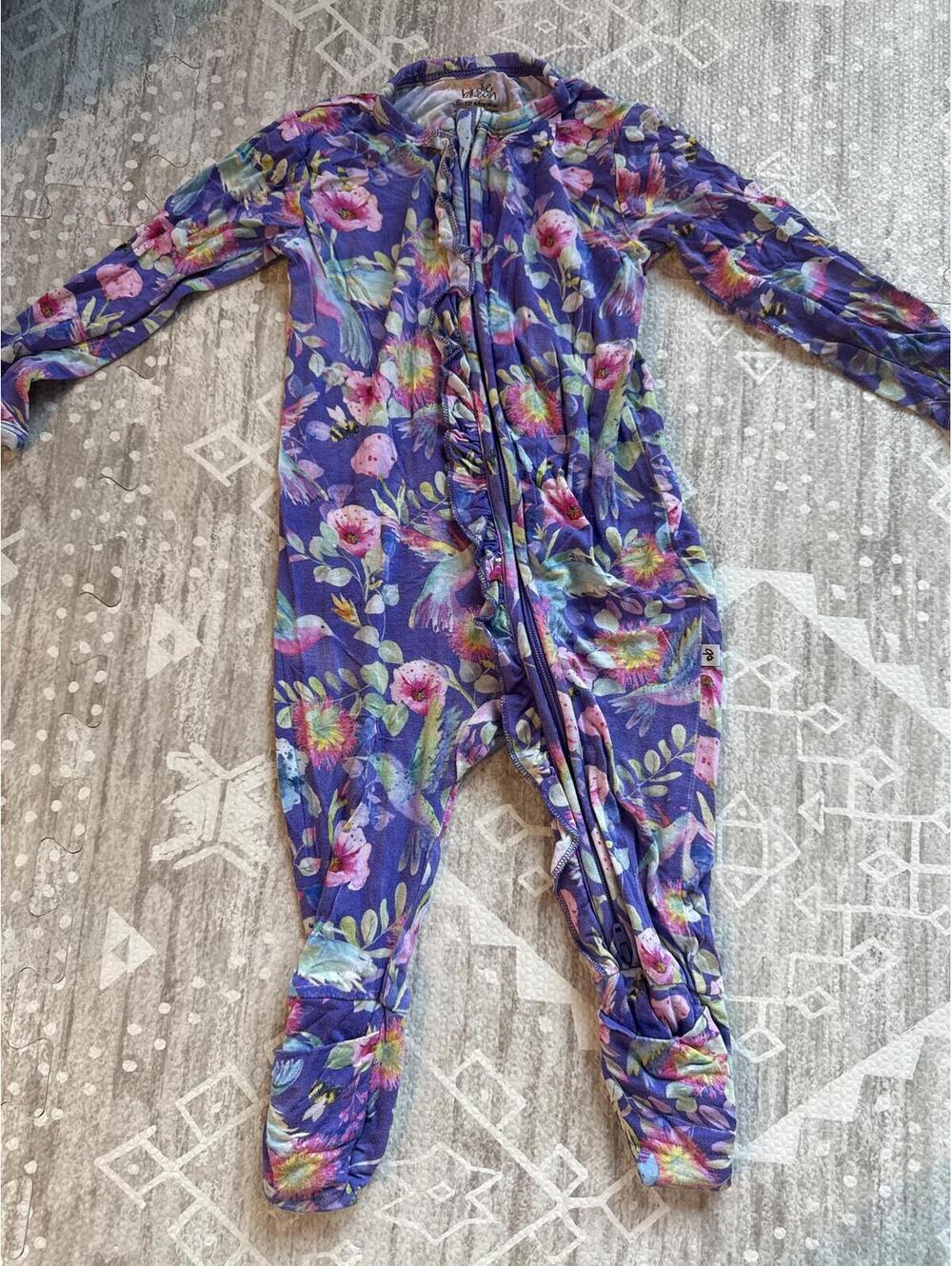 Birdie Bean Baby Zip Sleeper Romper Purple Floral Bird Print 6-12 Months Bamboo